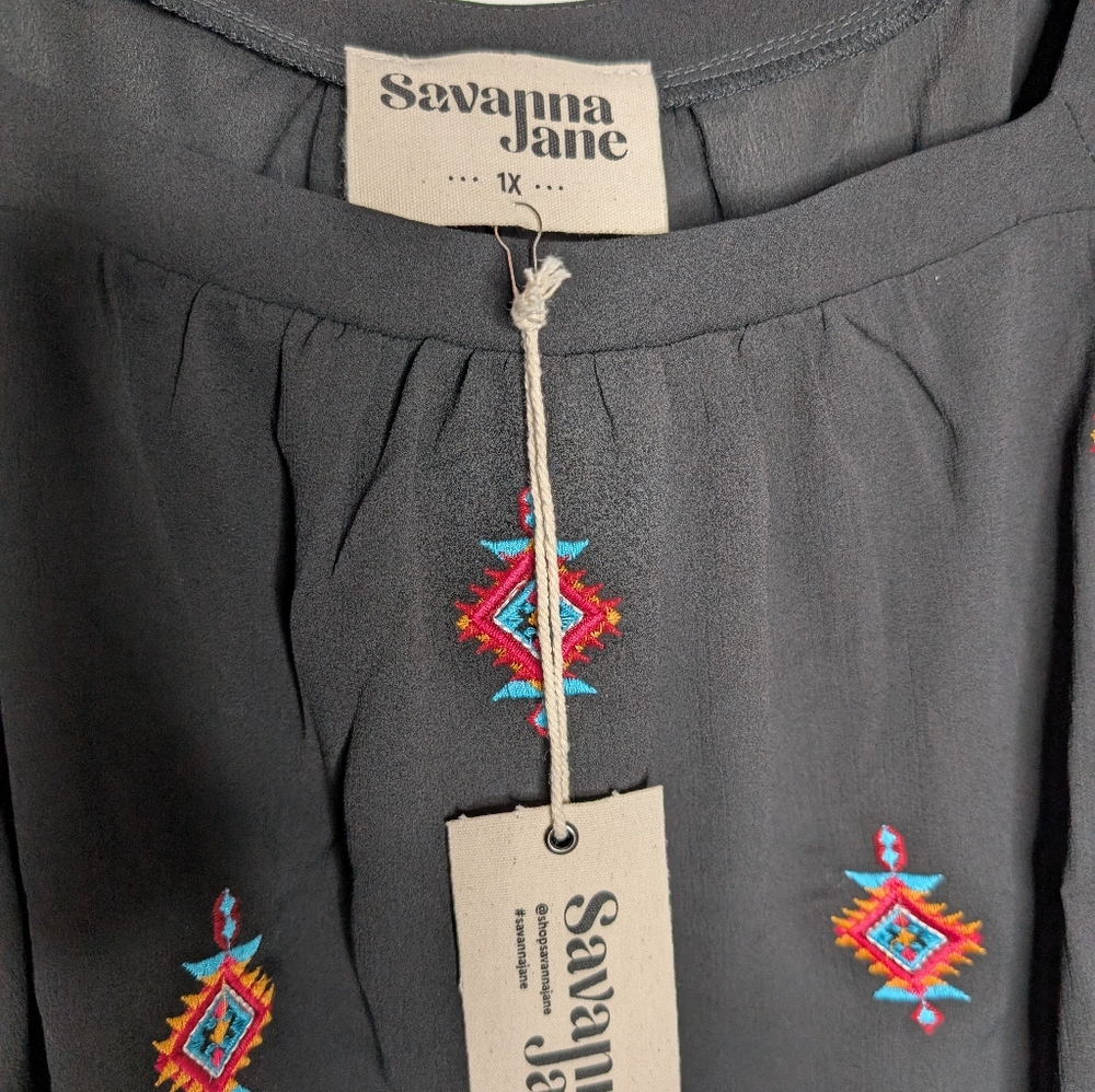 Savanna Jane Black Blouse with Colorful Embroidery - Picture 7 of 10